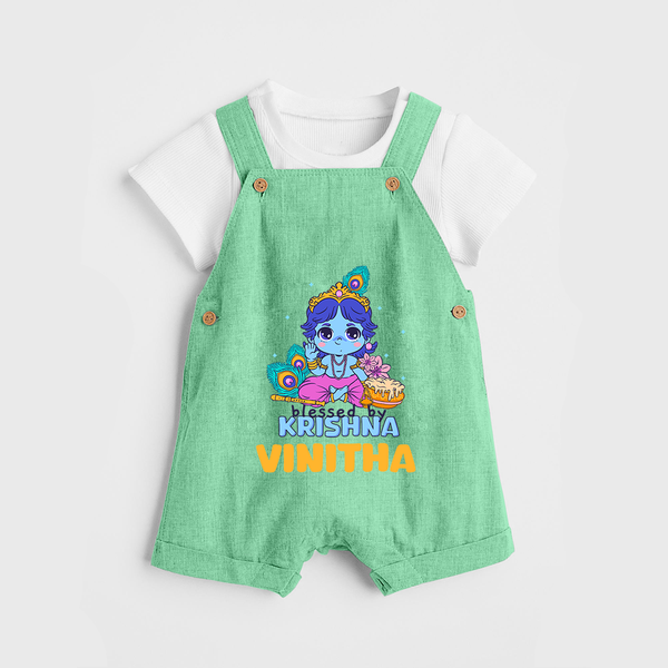 Blessed By Krishna Dungaree Set | Personalized Baby Dungaree Set for Krishna Lovers - GREEN - 0 - 5 Months Old (Chest 18")