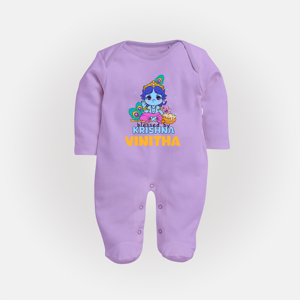 Blessed By Krishna Sleep Suit | Personalized Baby Sleep Suit for Krishna Lovers - LILAC - New Born (Chest 7.5")