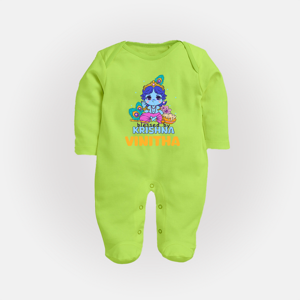 Blessed By Krishna Sleep Suit | Personalized Baby Sleep Suit for Krishna Lovers - LIME GREEN - New Born (Chest 7.5")
