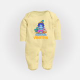 Blessed By Krishna Sleep Suit | Personalized Baby Sleep Suit for Krishna Lovers - PASTEL YELLOW - New Born (Chest 7.5")