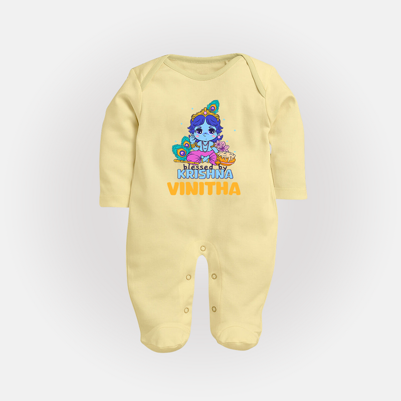 Blessed By Krishna Sleep Suit | Personalized Baby Sleep Suit for Krishna Lovers - PASTEL YELLOW - New Born (Chest 7.5")