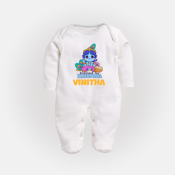 Blessed By Krishna Sleep Suit | Personalized Baby Sleep Suit for Krishna Lovers - WHITE - New Born (Chest 7.5")