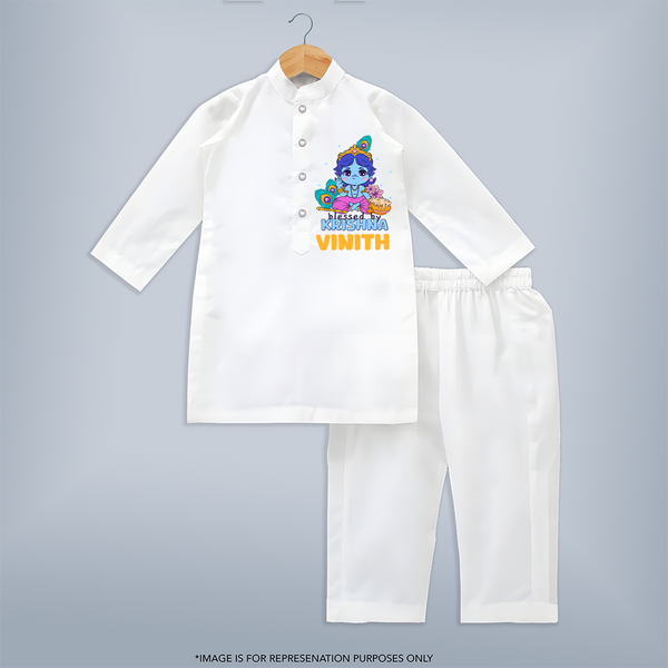 Blessed By Krishna Kurta Set | Personalized Baby Kurta Set for Krishna Lovers - WHITE - 3 - 6 Months Old (Chest 24", Kurta Length 14'', Waist 19", Pant Length 14")