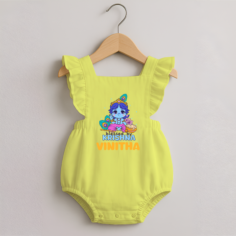 Blessed By Krishna Romper Frock | Personalized Baby Romper Frock for Krishna Lovers - PASTEL YELLOW - 0 - 3 Months Old (Chest 19")