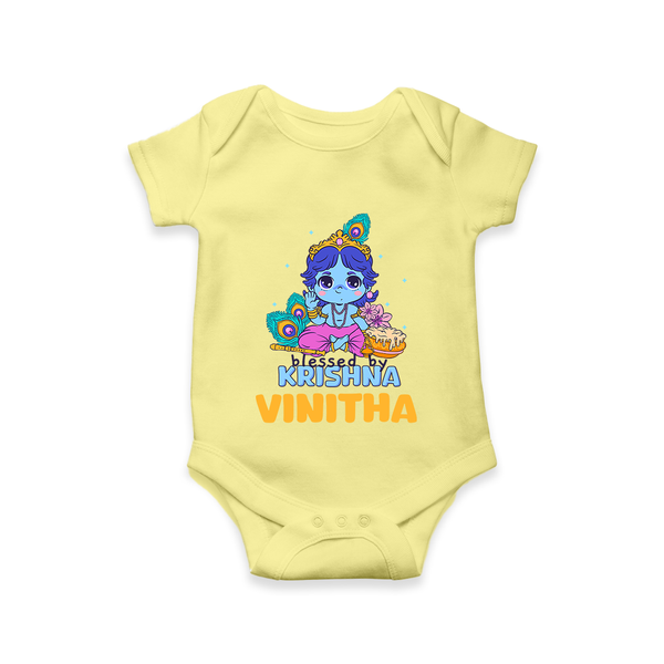Blessed By Krishna Romper | Personalized Baby Romper for Krishna Lovers - PASTEL YELLOW - New Born (Chest 14")
