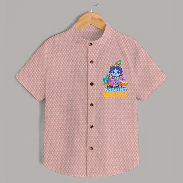 Blessed By Krishna Shirt | Personalized Baby Shirt for Krishna Lovers - PEACH - 0 - 6 Months Old (Chest 23")