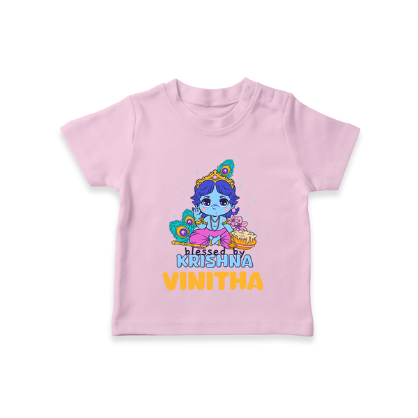 Blessed By Krishna T-Shirt | Personalized Baby T-Shirt for Krishna Lovers - BABY PINK - 0-5 Months Old (Chest 17")