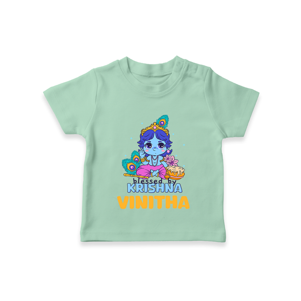 Blessed By Krishna T-Shirt | Personalized Baby T-Shirt for Krishna Lovers - MINT GREEN - 0-5 Months Old (Chest 17")