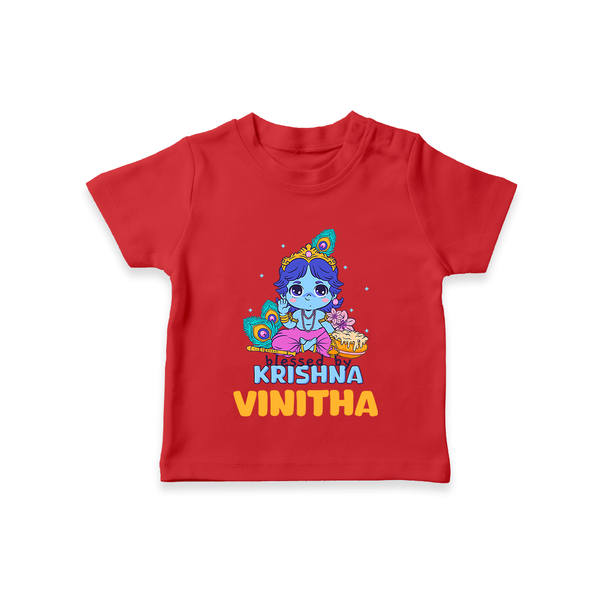 Blessed By Krishna T-Shirt | Personalized Baby T-Shirt for Krishna Lovers - RED - 0-5 Months Old (Chest 17")