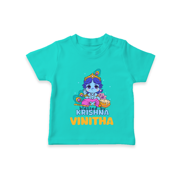 Blessed By Krishna T-Shirt | Personalized Baby T-Shirt for Krishna Lovers - TEAL - 0-5 Months Old (Chest 17")