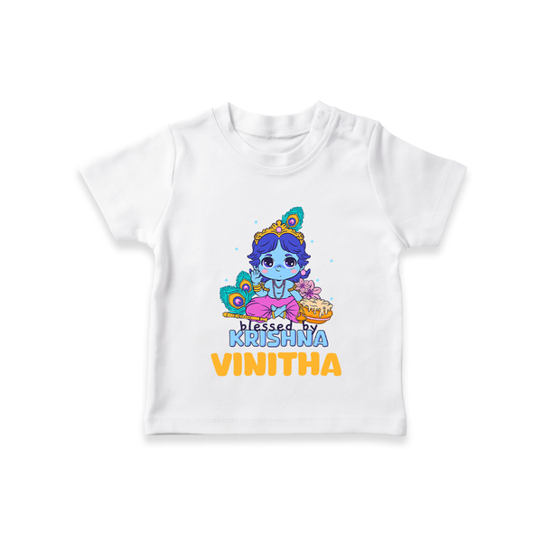 Blessed By Krishna T-Shirt | Personalized Baby T-Shirt for Krishna Lovers - WHITE - 0-5 Months Old (Chest 17")