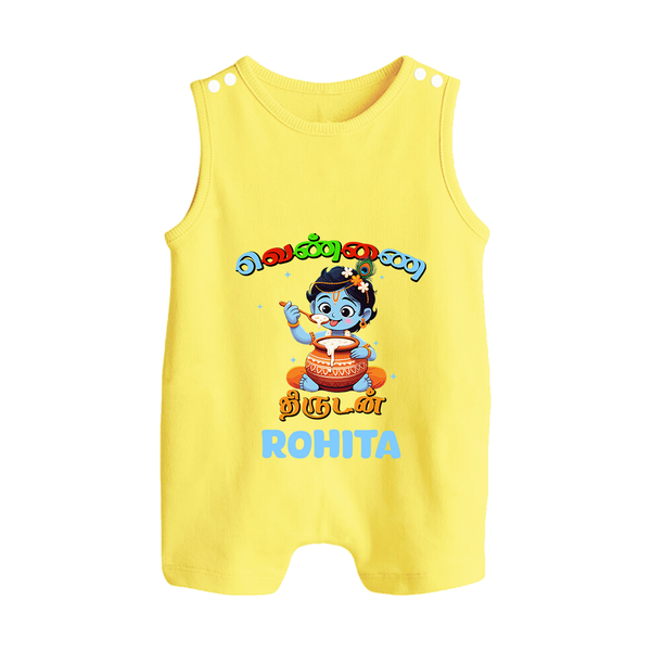 Butter Thief Romper Suit | Custom Baby Romper Suit for Krishna Fans - PASTEL YELLOW - 0 - 5 Months Old (Chest 18")