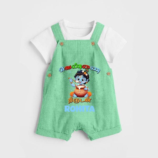Butter Thief Dungaree Set | Custom Baby Dungaree Set for Krishna Fans - GREEN - 0 - 5 Months Old (Chest 18")
