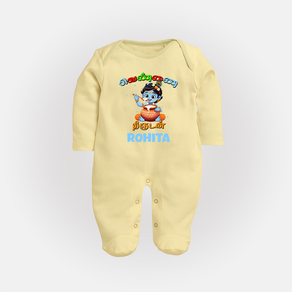 Butter Thief Sleep Suit | Custom Baby Sleep Suit for Krishna Fans - PASTEL YELLOW - New Born (Chest 7.5")