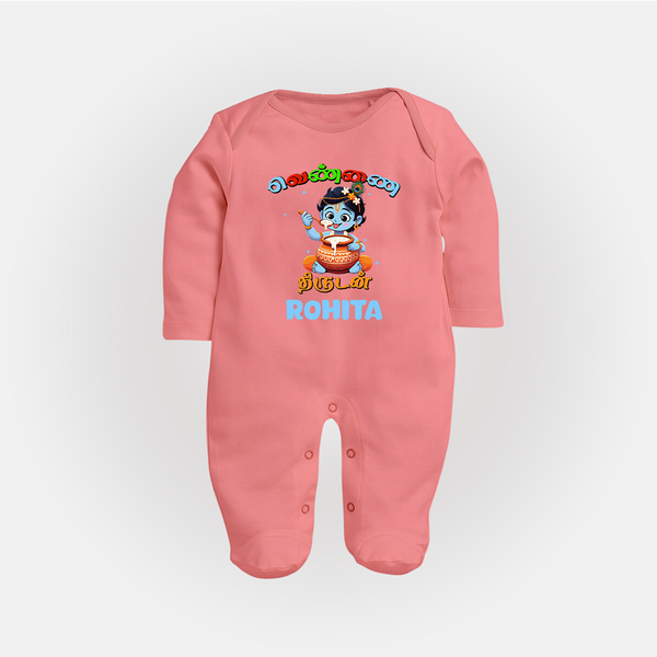 Butter Thief Sleep Suit | Custom Baby Sleep Suit for Krishna Fans - PEACH - New Born (Chest 7.5")