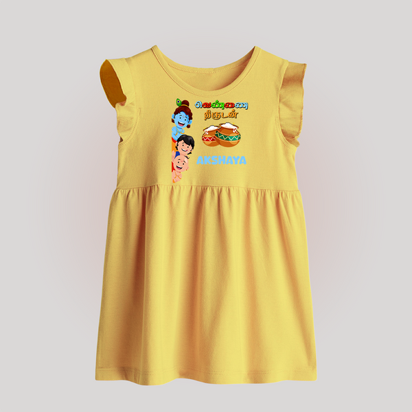 Krishna's Little Butter Thief Baby Frock | Custom Baby Frock for Krishna Devotees - PASTEL YELLOW - 0 - 3 Months Old (Chest 17")
