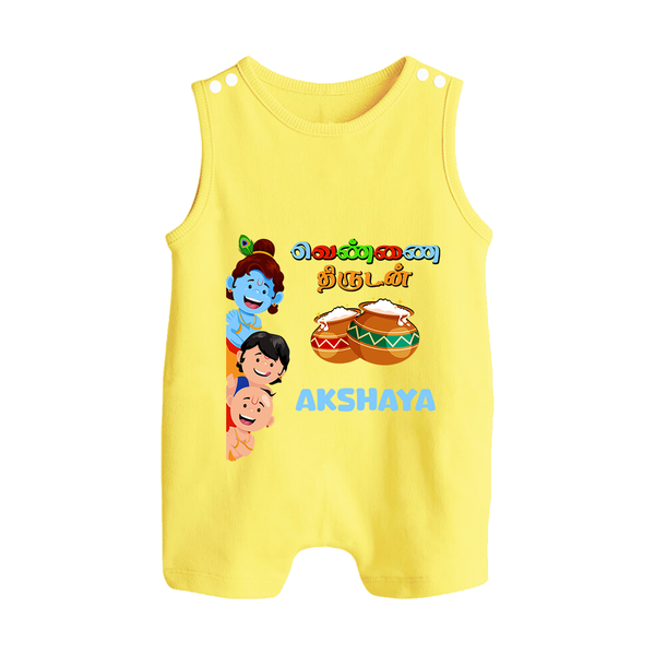 Krishna's Little Butter Thief Romper Suit | Custom Baby Romper Suit for Krishna Devotees - PASTEL YELLOW - 0 - 5 Months Old (Chest 18")