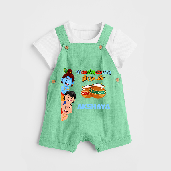 Krishna's Little Butter Thief Dungaree Set | Custom Baby Dungaree Set for Krishna Devotees - GREEN - 0 - 5 Months Old (Chest 18")