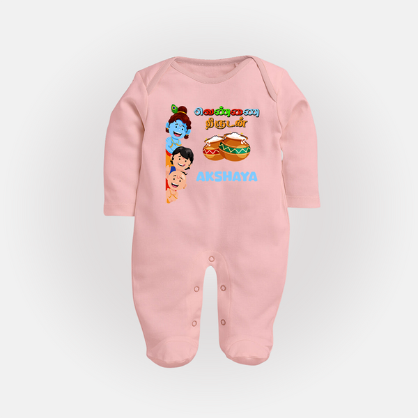 Krishna's Little Butter Thief Sleep Suit | Custom Baby Sleep Suit for Krishna Devotees - BABY PINK - New Born (Chest 7.5")