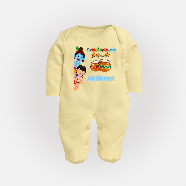 Krishna's Little Butter Thief Sleep Suit | Custom Baby Sleep Suit for Krishna Devotees - PASTEL YELLOW - New Born (Chest 7.5")