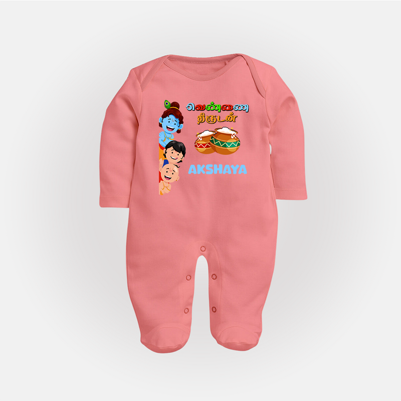 Krishna's Little Butter Thief Sleep Suit | Custom Baby Sleep Suit for Krishna Devotees - PEACH - New Born (Chest 7.5")