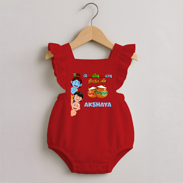 Krishna's Little Butter Thief Romper Frock | Custom Baby Romper Frock for Krishna Devotees - RED - 0 - 3 Months Old (Chest 19")