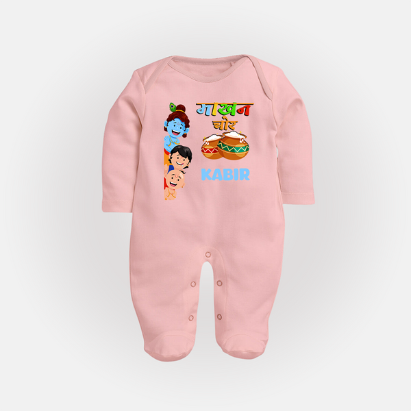 The Butter Thief Sleep Suit | Custom Baby Sleep Suit for Krishna's Mischievous Baby - BABY PINK - New Born (Chest 7.5")
