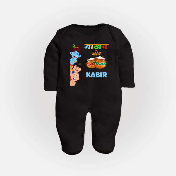The Butter Thief Sleep Suit | Custom Baby Sleep Suit for Krishna's Mischievous Baby - BLACK - New Born (Chest 7.5")
