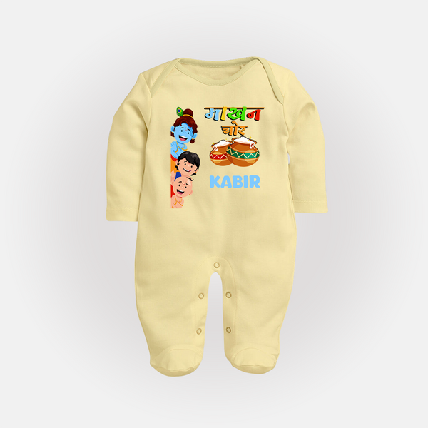 The Butter Thief Sleep Suit | Custom Baby Sleep Suit for Krishna's Mischievous Baby - PASTEL YELLOW - New Born (Chest 7.5")