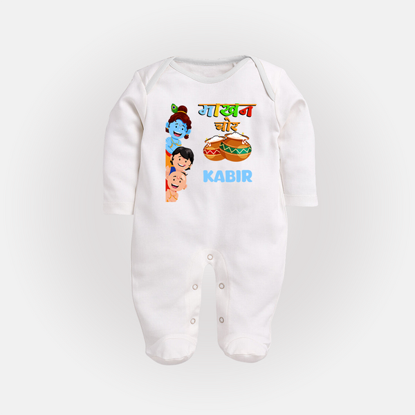 The Butter Thief Sleep Suit | Custom Baby Sleep Suit for Krishna's Mischievous Baby - WHITE - New Born (Chest 7.5")