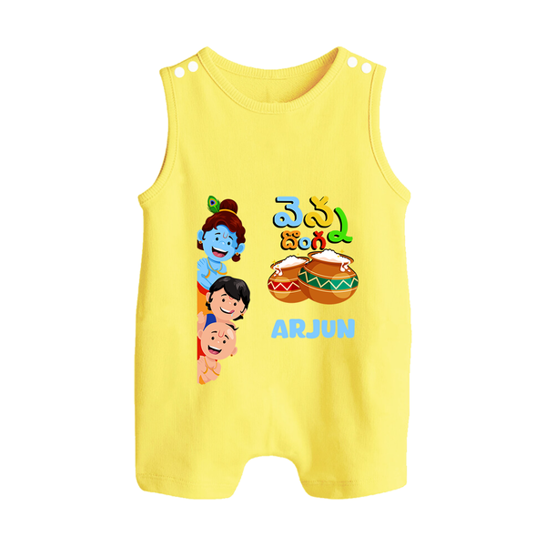 Butter Thief Romper Suit | Personalized Baby Romper Suit for Krishna Fans - PASTEL YELLOW - 0 - 5 Months Old (Chest 18")