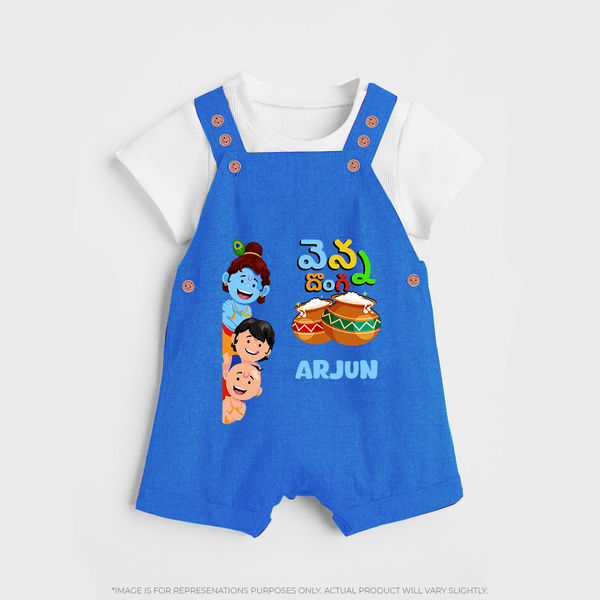 Butter Thief Dungaree Set | Personalized Baby Dungaree Set for Krishna Fans - COBALT BLUE - 0 - 5 Months Old (Chest 18")