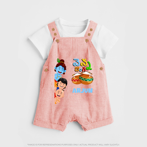 Butter Thief Dungaree Set | Personalized Baby Dungaree Set for Krishna Fans - PEACH - 0 - 5 Months Old (Chest 18")