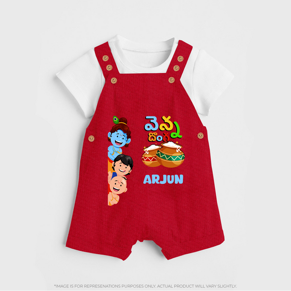 Butter Thief Dungaree Set | Personalized Baby Dungaree Set for Krishna Fans - RED - 0 - 5 Months Old (Chest 18")