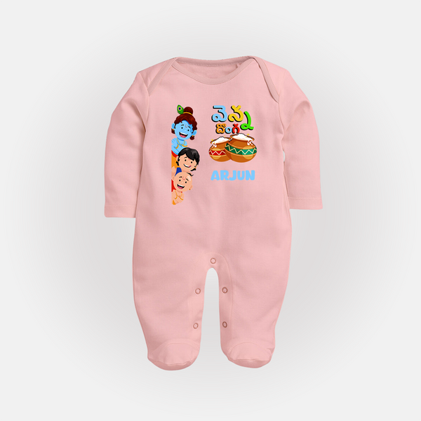 Butter Thief Sleep Suit | Personalized Baby Sleep Suit for Krishna Fans - BABY PINK - New Born (Chest 7.5")