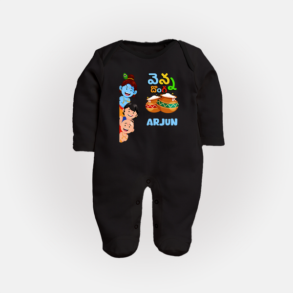 Butter Thief Sleep Suit | Personalized Baby Sleep Suit for Krishna Fans - BLACK - New Born (Chest 7.5")