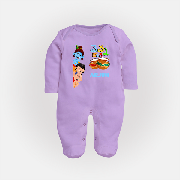 Butter Thief Sleep Suit | Personalized Baby Sleep Suit for Krishna Fans - LILAC - New Born (Chest 7.5")