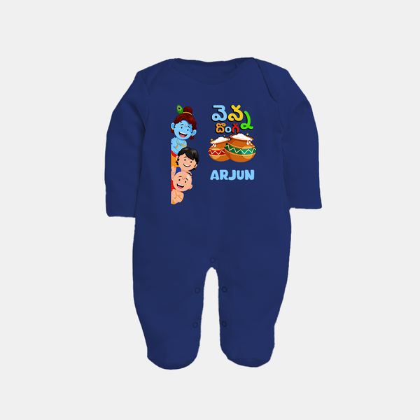 Butter Thief Sleep Suit | Personalized Baby Sleep Suit for Krishna Fans - NAVY BLUE - New Born (Chest 7.5")