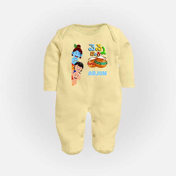 Butter Thief Sleep Suit | Personalized Baby Sleep Suit for Krishna Fans - PASTEL YELLOW - New Born (Chest 7.5")