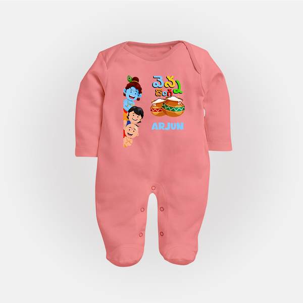 Butter Thief Sleep Suit | Personalized Baby Sleep Suit for Krishna Fans - PEACH - New Born (Chest 7.5")