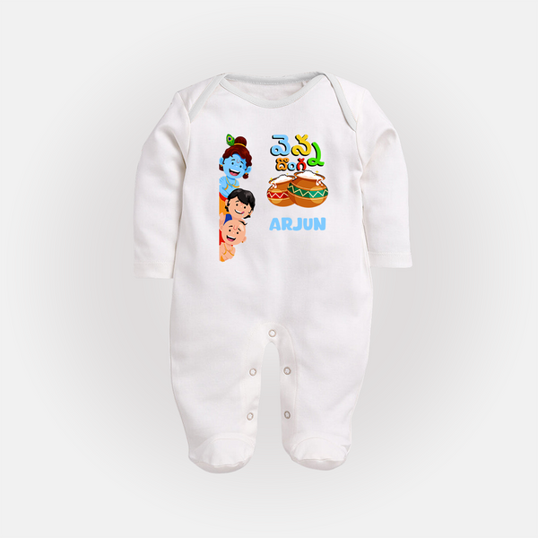 Butter Thief Sleep Suit | Personalized Baby Sleep Suit for Krishna Fans - WHITE - New Born (Chest 7.5")