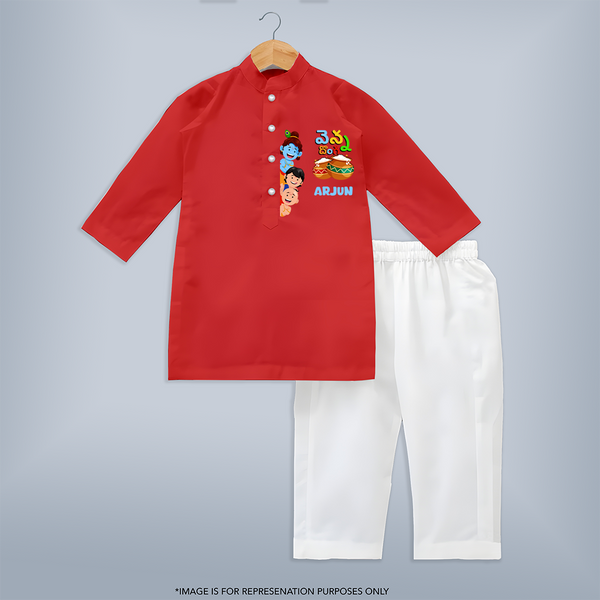 Butter Thief Kurta Set | Personalized Baby Kurta Set for Krishna Fans - RED - 3 - 6 Months Old (Chest 24", Kurta Length 14'', Waist 19", Pant Length 14")