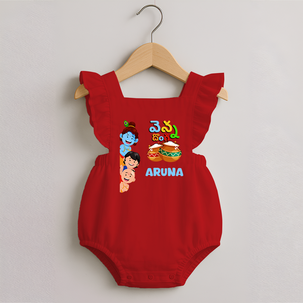 Butter Thief Romper Frock | Personalized Baby Romper Frock for Krishna Fans - RED - 0 - 3 Months Old (Chest 19")