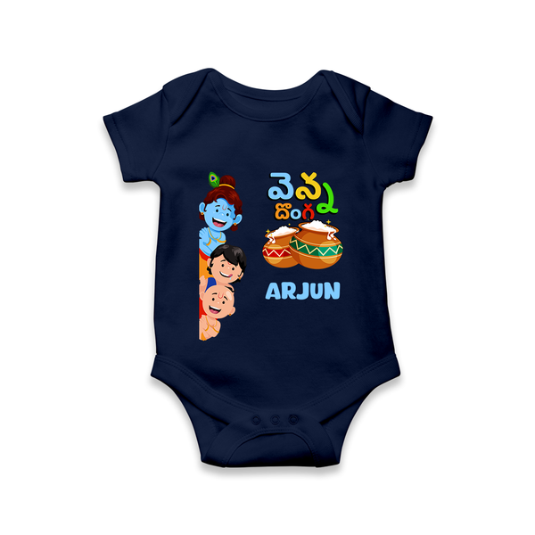 Butter Thief Romper | Personalized Baby Romper for Krishna Fans - NAVY BLUE - New Born (Chest 14")