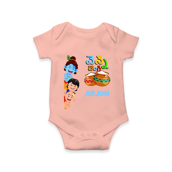 Butter Thief Romper | Personalized Baby Romper for Krishna Fans - PEACH - New Born (Chest 14")