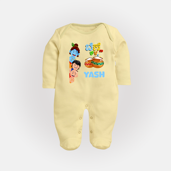 Little Butter Thief Sleep Suit | Personalized Baby Sleep Suit for Krishna's Butter Lover - PASTEL YELLOW - New Born (Chest 7.5")