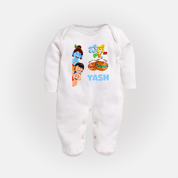 Little Butter Thief Sleep Suit | Personalized Baby Sleep Suit for Krishna's Butter Lover - WHITE - New Born (Chest 7.5")