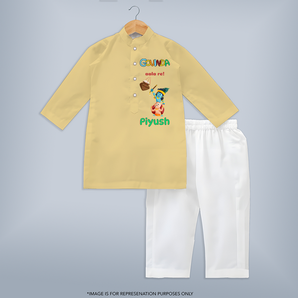 Govinda Has Come Kurta Set | Custom Baby Kurta Set for Krishna Janmashtami - PASTEL YELLOW - 3 - 6 Months Old (Chest 24", Kurta Length 14'', Waist 19", Pant Length 14")