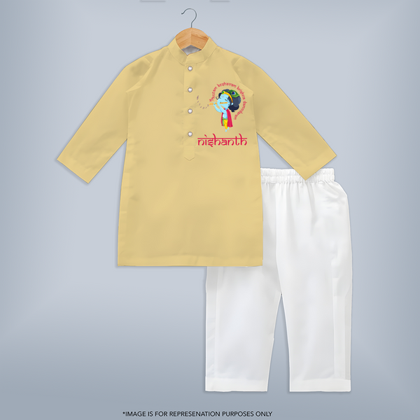 Achyutam Keshavam Krishna Damodaram Kurta Set | Personalized Baby Kurta Set for Krishna Devotees - PASTEL YELLOW - 3 - 6 Months Old (Chest 24", Kurta Length 14'', Waist 19", Pant Length 14")