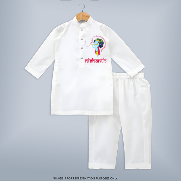 Achyutam Keshavam Krishna Damodaram Kurta Set | Personalized Baby Kurta Set for Krishna Devotees - WHITE - 3 - 6 Months Old (Chest 24", Kurta Length 14'', Waist 19", Pant Length 14")